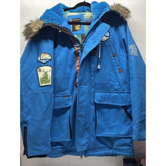 Extremely RARE Rocawear‎ Arctic Blue Heavyweight Winter Jacket Patches Fur VTG - Picture 1 of 16
